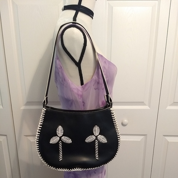 MX Womens Black White Quilted Faux Leather Satchel Shoulder Bag Palm Trees - Picture 3 of 6